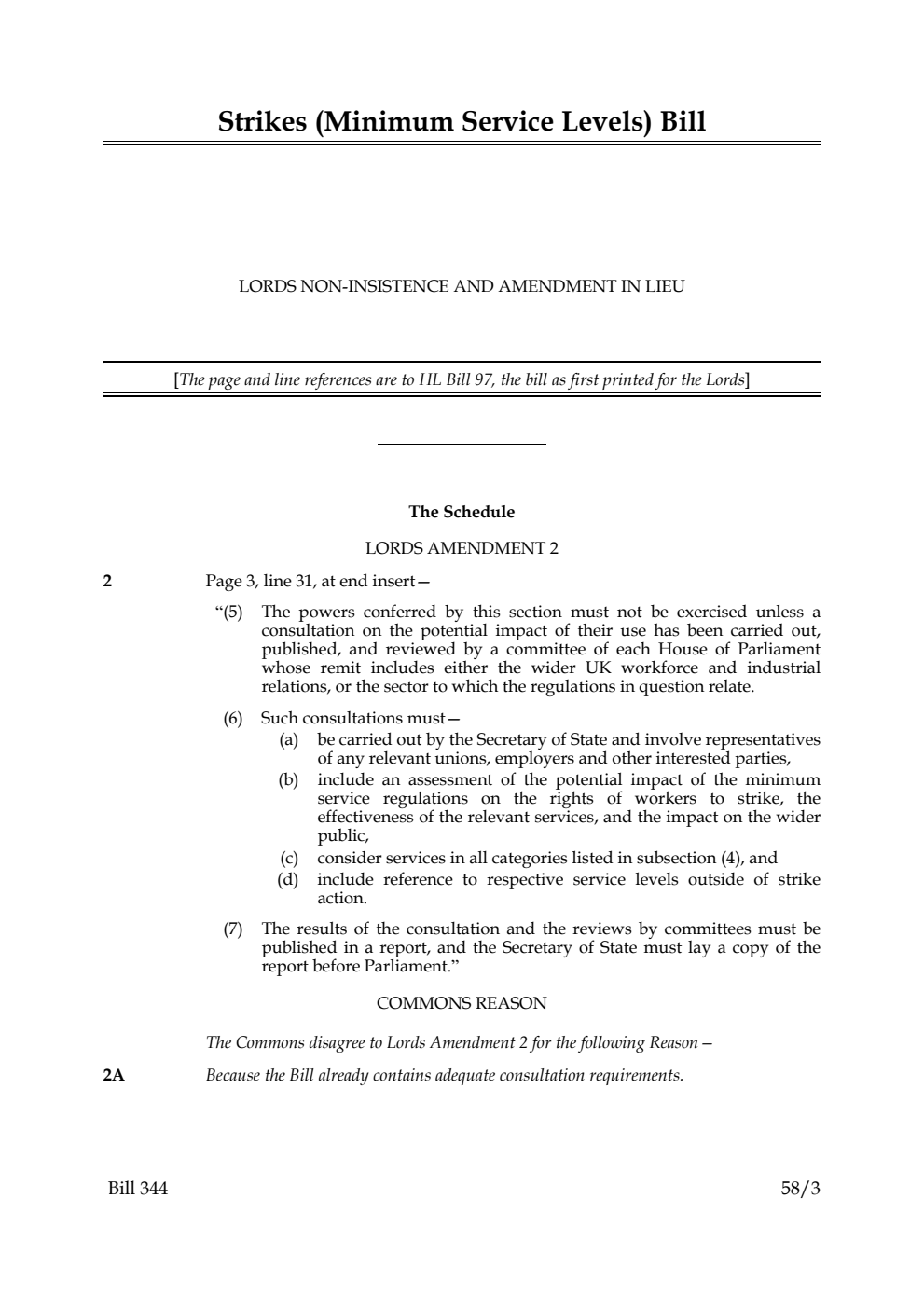 Strikes (Minimum Service Levels) Bill Lords non-insistence and amendment in lieu