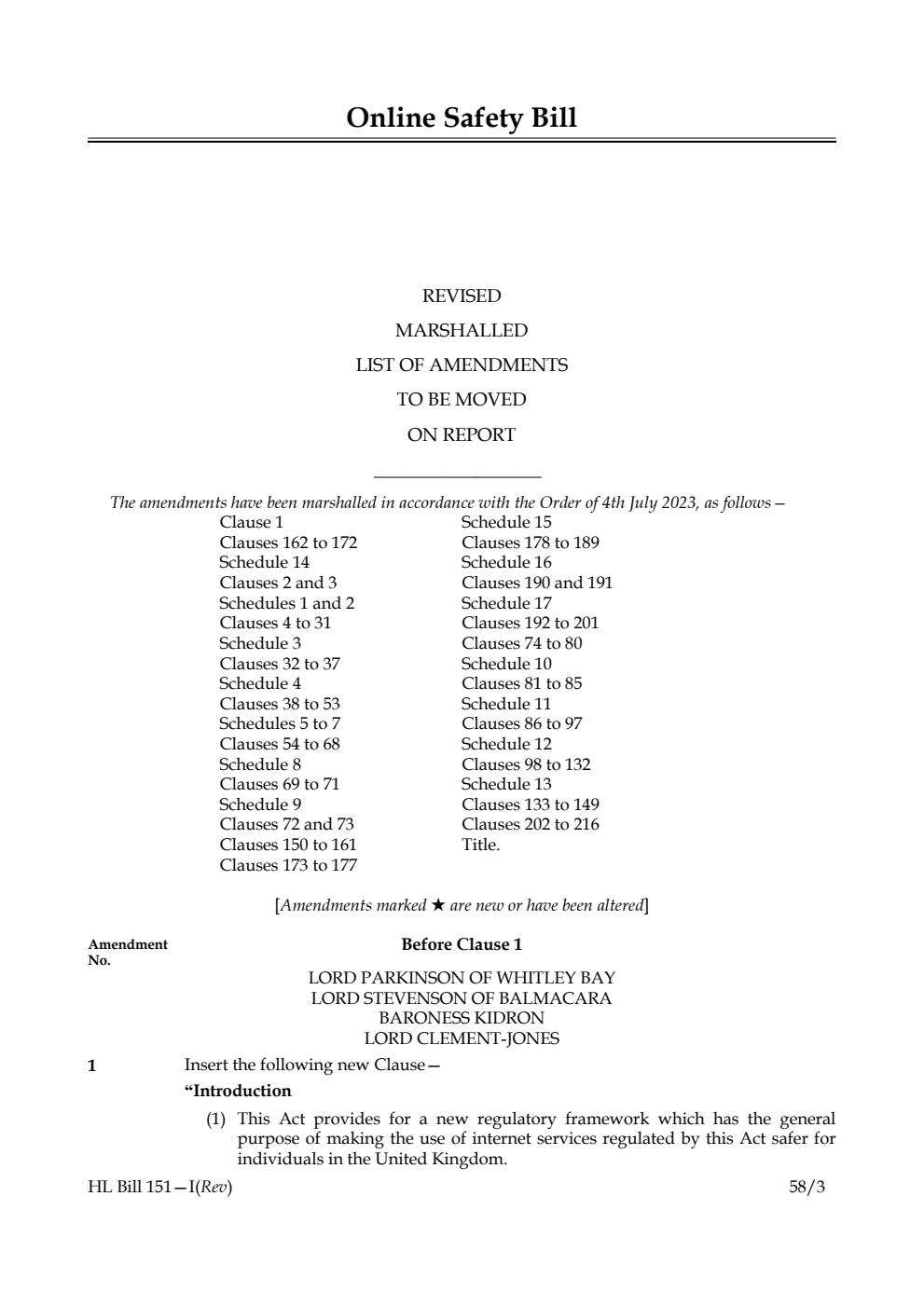 Online Safety Bill Revised Marshalled List of Amendments to be moved on report