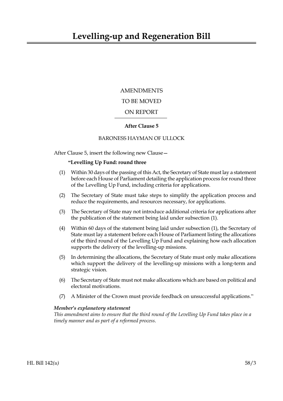 Levelling-up and Regeneration Bill Amendments to be moved on Report