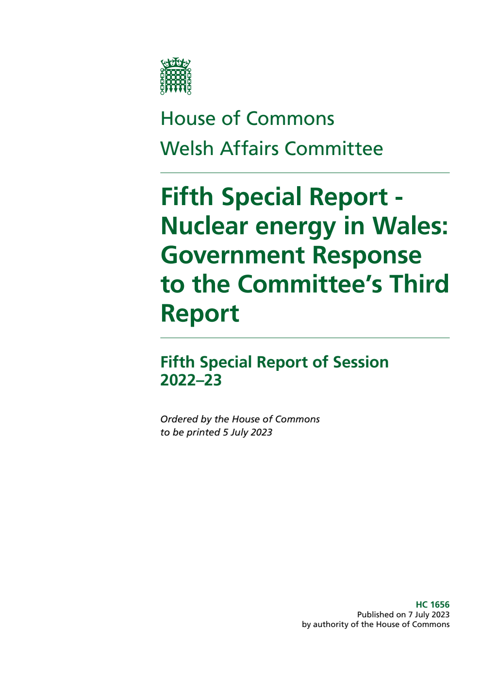 Welsh Affairs Committee 5th Special Report. Nuclear energy in Wales: Government Response to the Committee’s Third Report