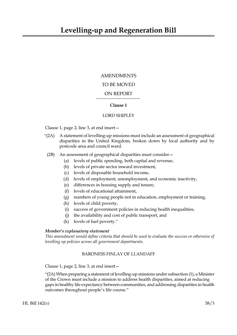 Levelling-up and Regeneration Bill Amendments to be moved on Report