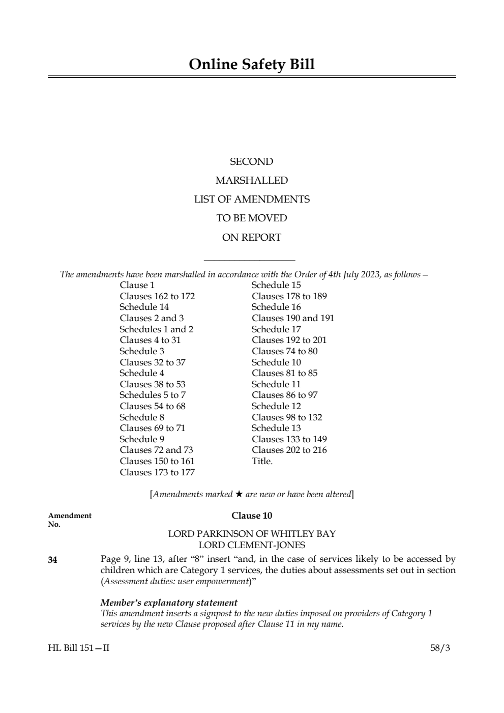 Online Safety Bill Second Marshalled List of Amendments to be moved on report