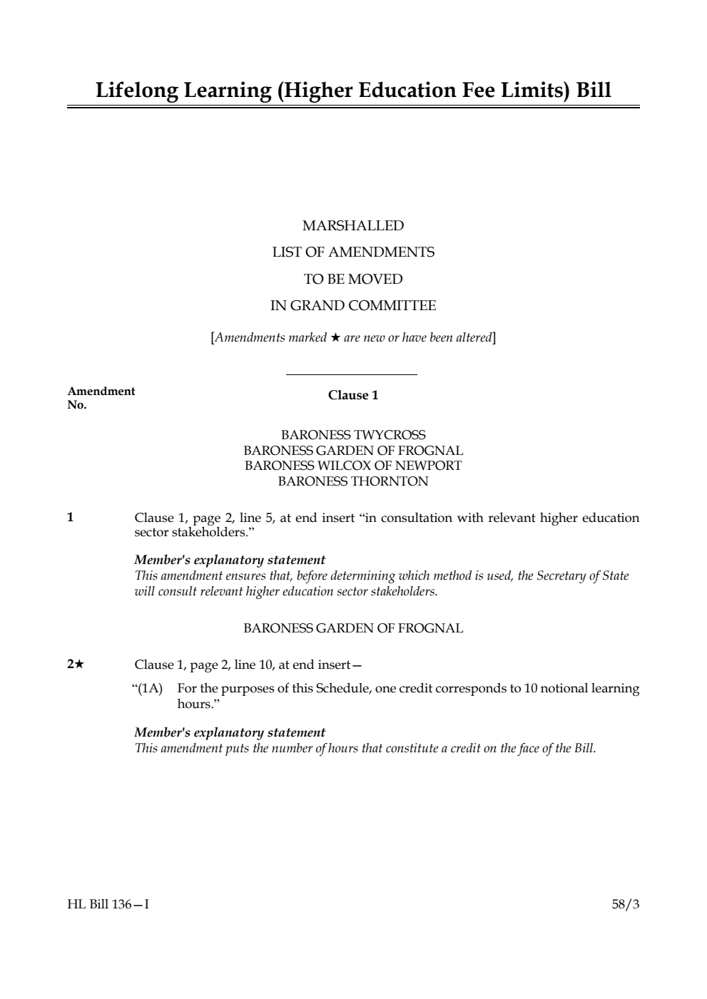 Lifelong Learning (Higher Education Fee Limits) Bill Marshalled List of Amendments to be moved in Grand Committee