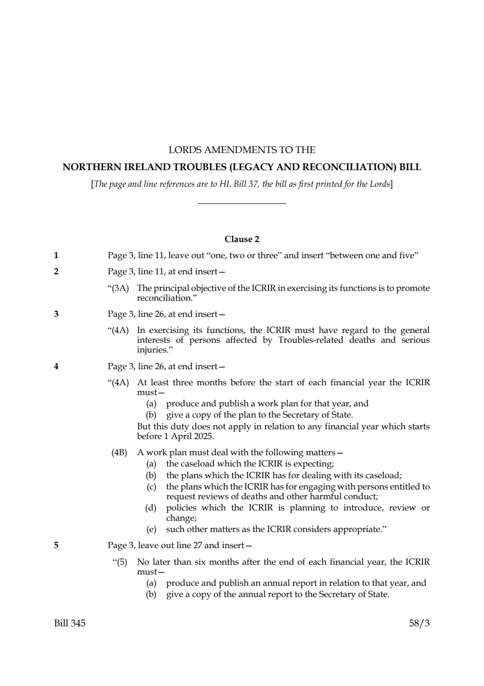 Lords Amendments to the Northern Ireland Troubles (Legacy and Reconciliation) Bill