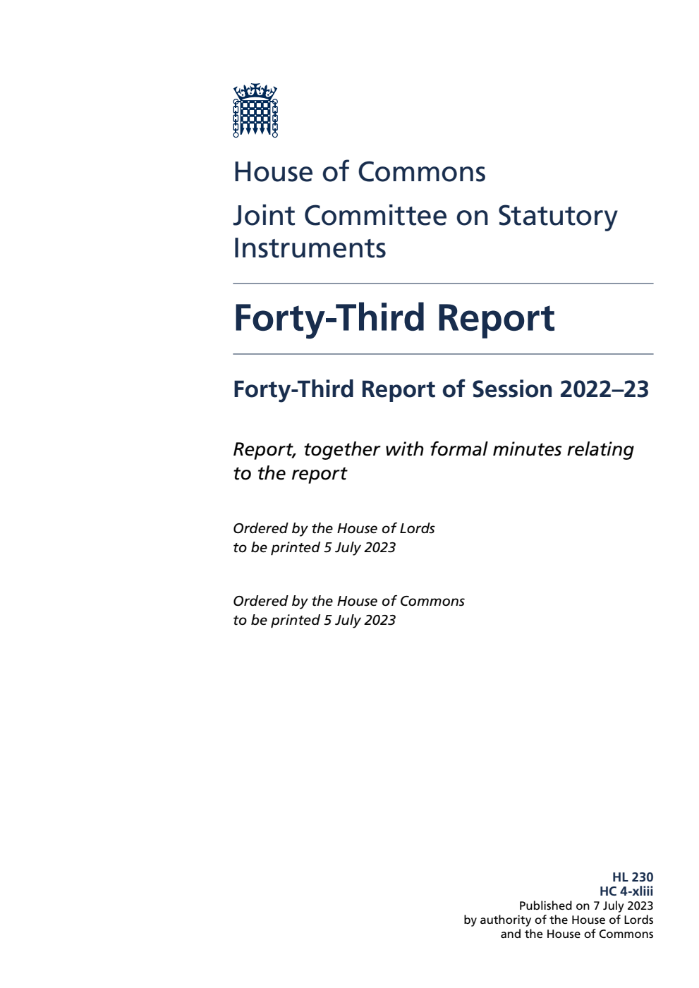 Joint Committee on Statutory Instruments 43rd Report of Session 2022-23
