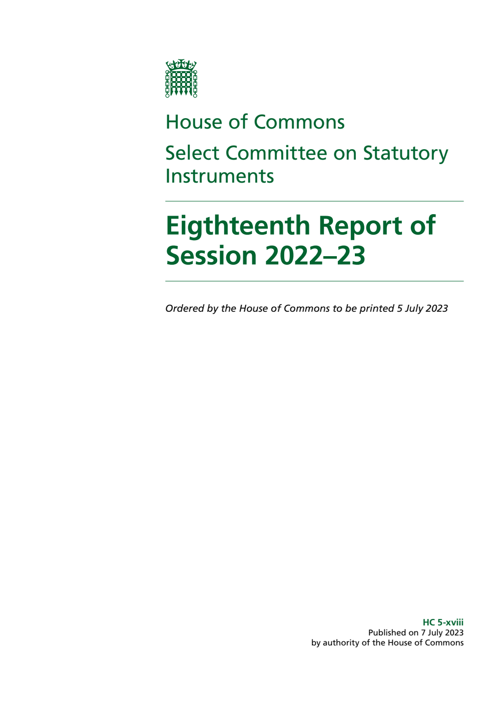 Statutory Instruments Committee 18th Report of Session 2022-23