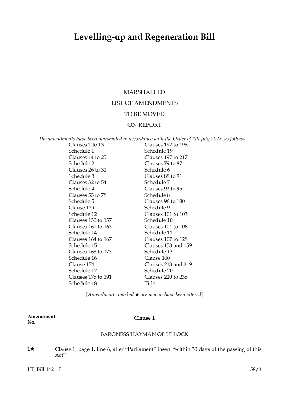 Levelling-up and Regeneration Bill Marshalled List of Amendments to be moved on report
