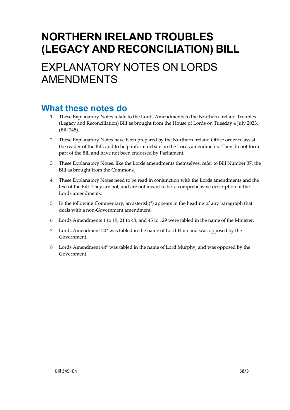 Northern Ireland Troubles (Legacy and Reconciliation) Bill Explanatory Notes on Lords Amendments