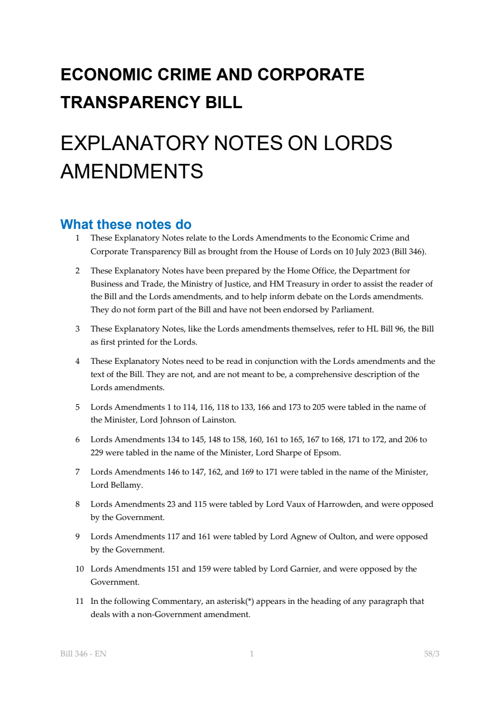 Economic Crime and Corporate Transparency Bill Explanatory Notes on Lords Amendments