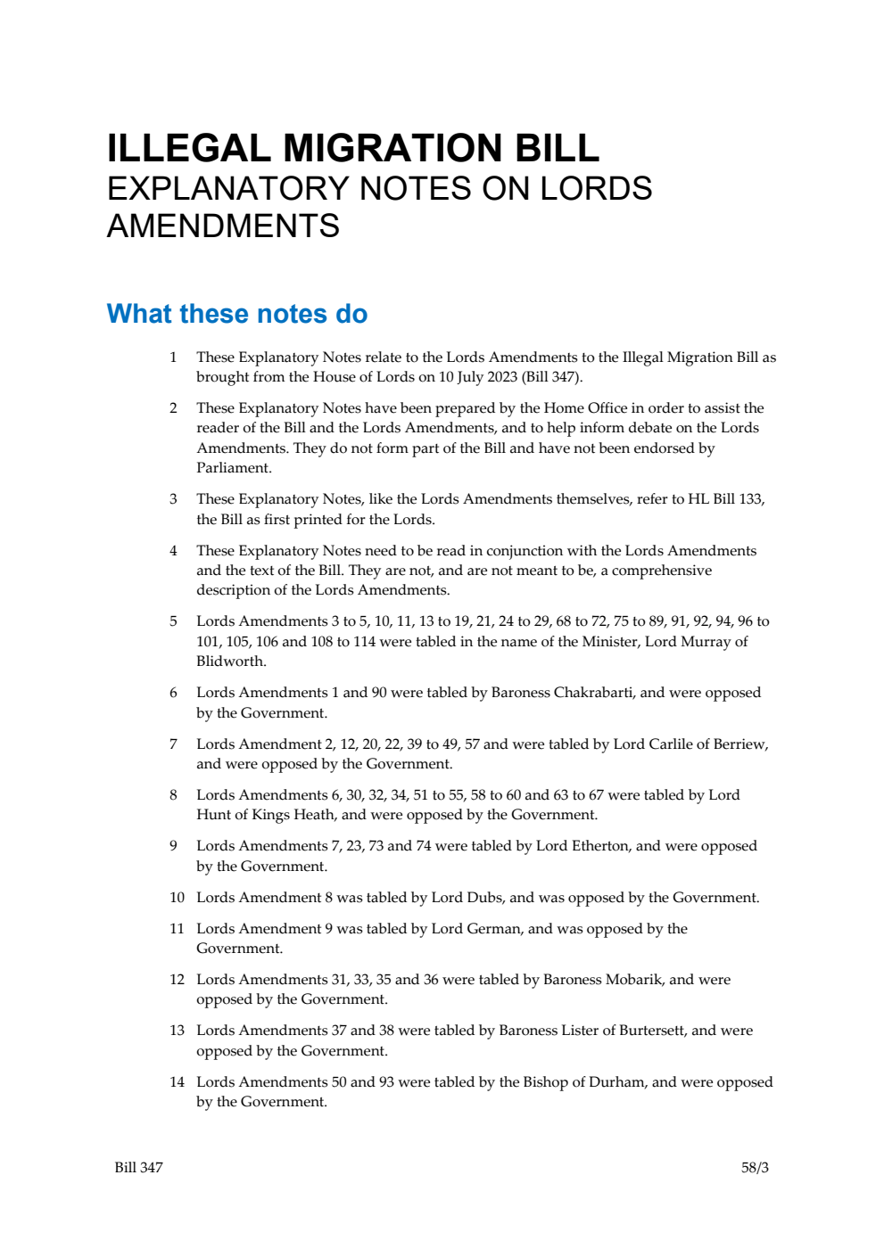 Illegal Migration Bill Explanatory Notes on Lords Amendments