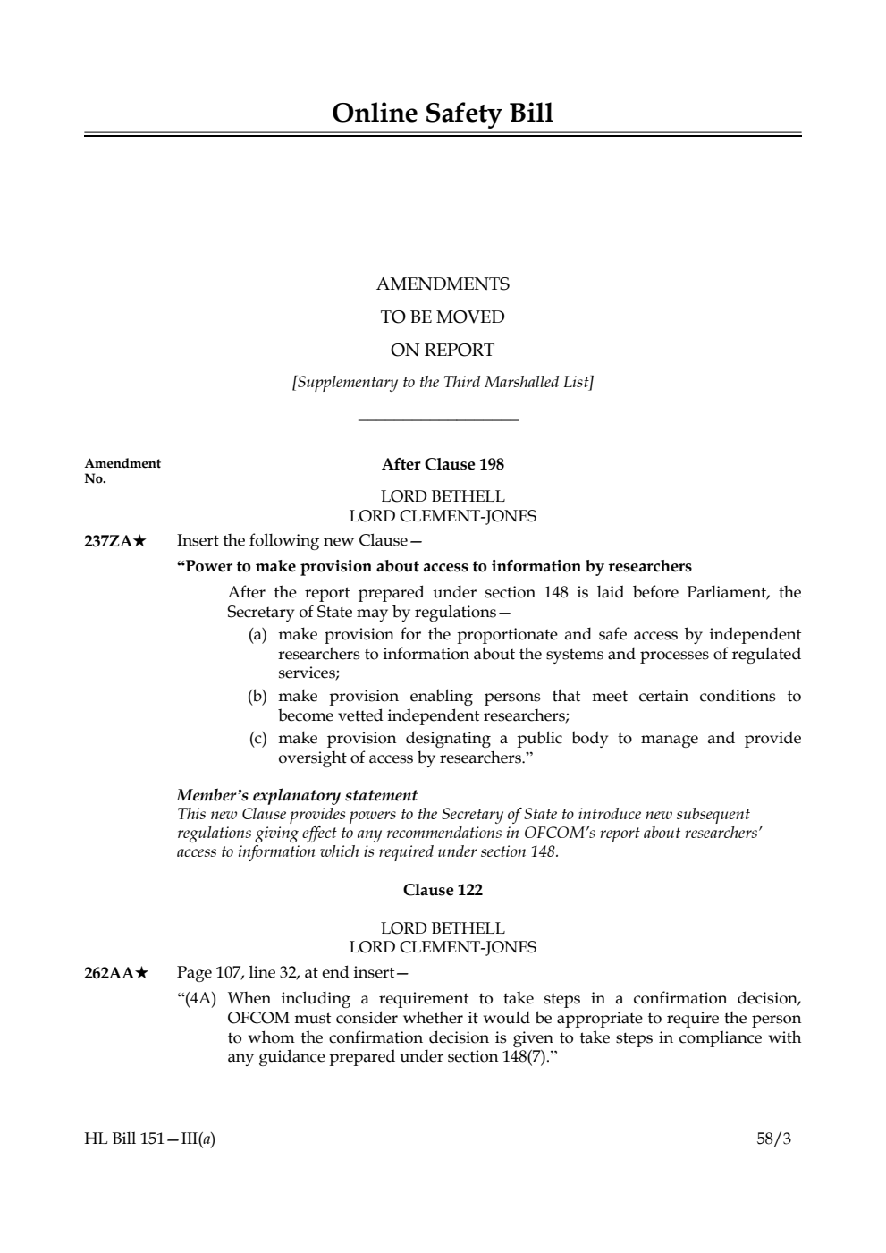 Online Safety Bill Amendments to be moved on Report [Supplementary to the Third Marshalled List]