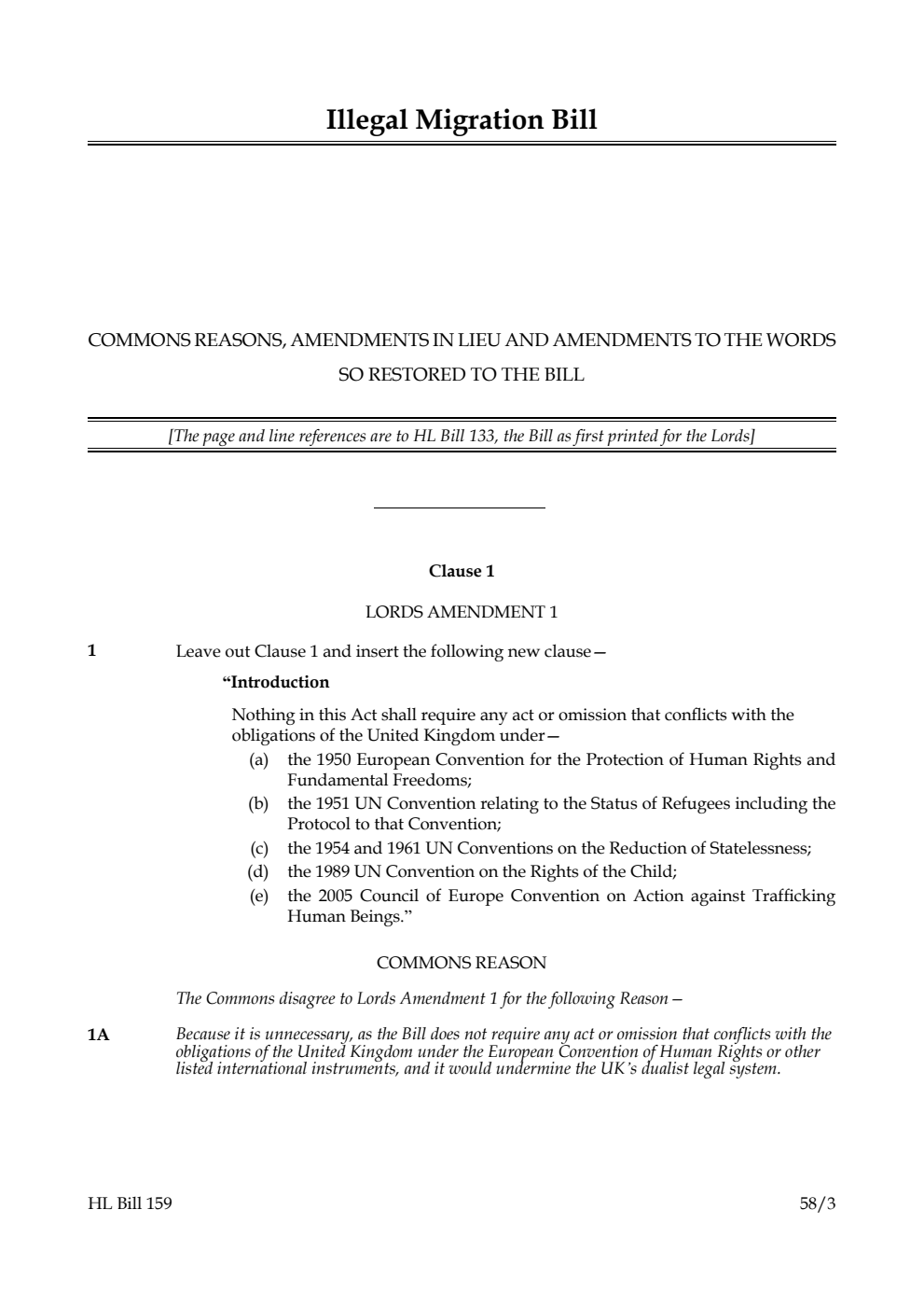 Illegal Migration Bill Commons reasons, amendments in lieu and amendments to the words so restored to the Bill