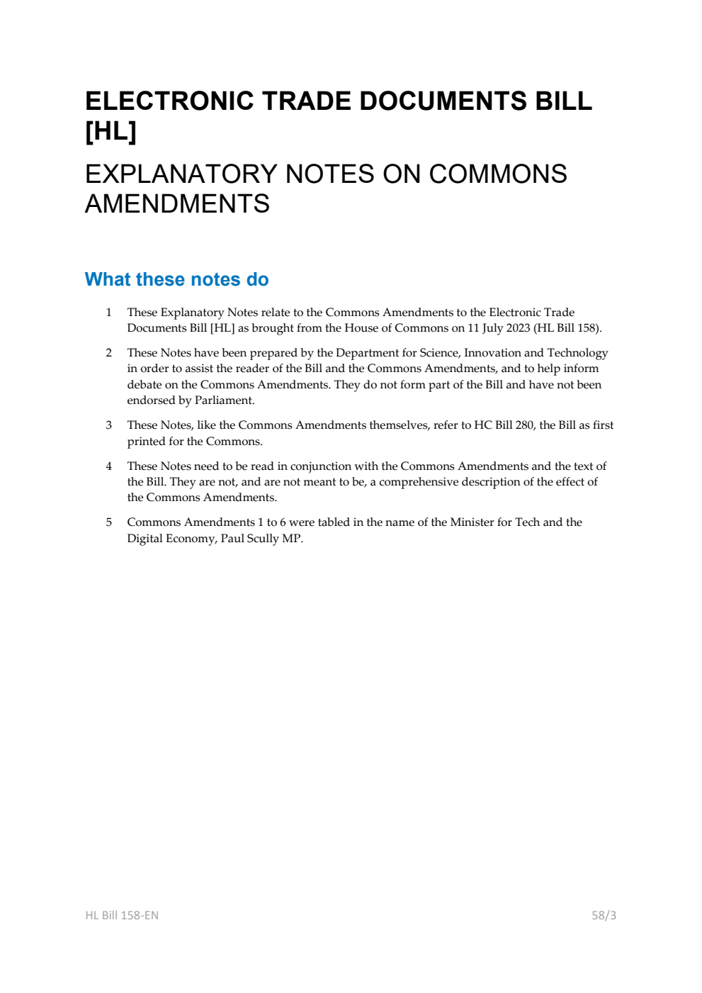 Electronic Trade Documents Bill Explanatory Notes on Commons Amendments