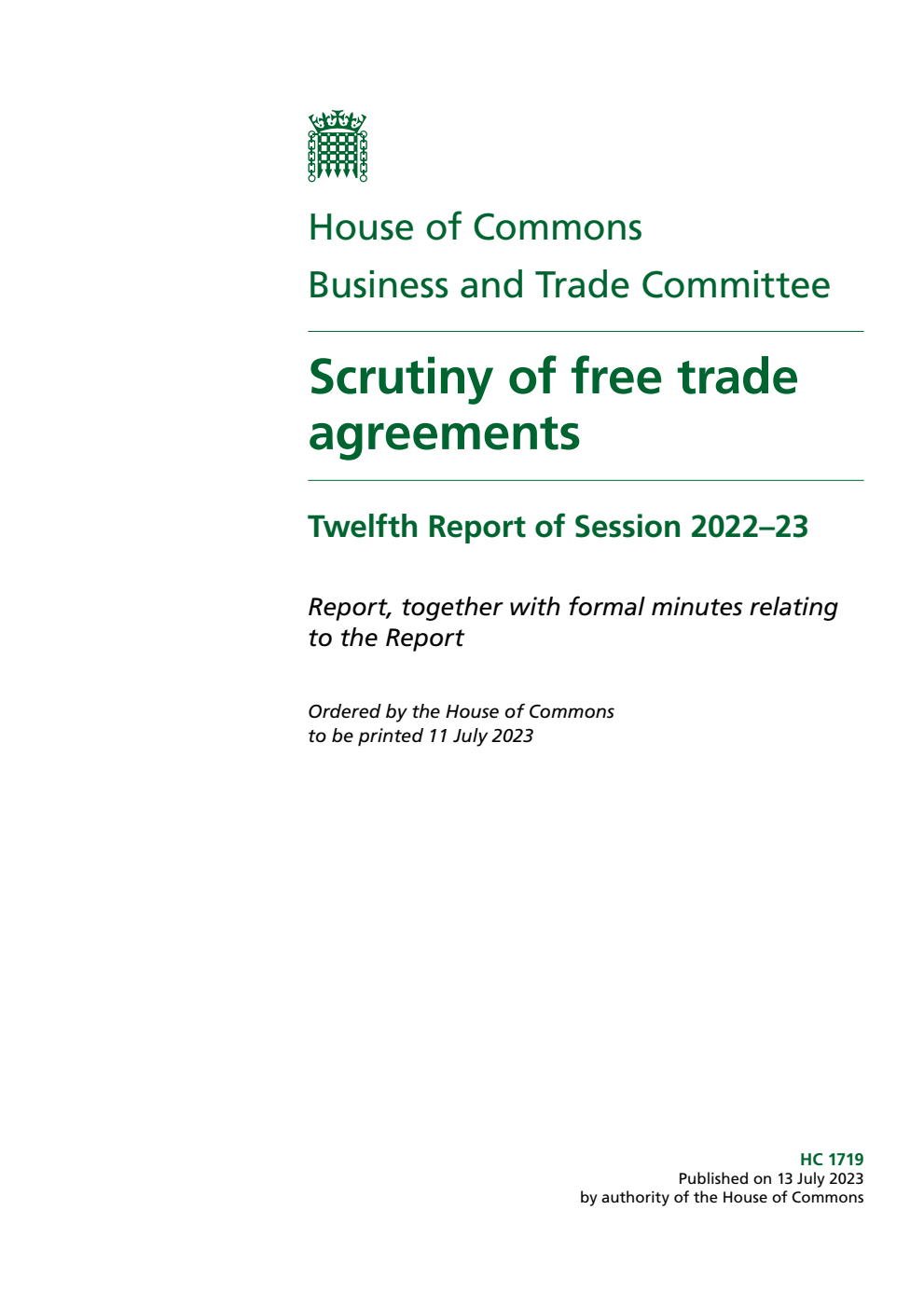 Business and Trade Committee 12th Report. Scrutiny of free trade agreements