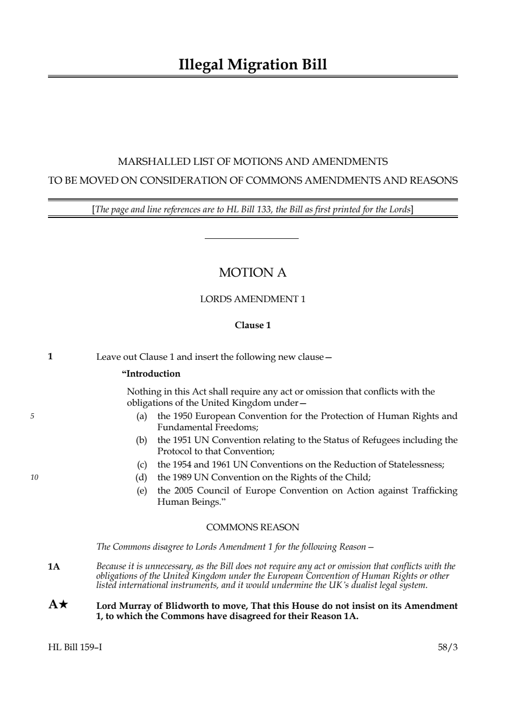 Illegal Migration Bill Marshalled List of motions and amendments to be moved on Consideration of Commons amendments and reasons