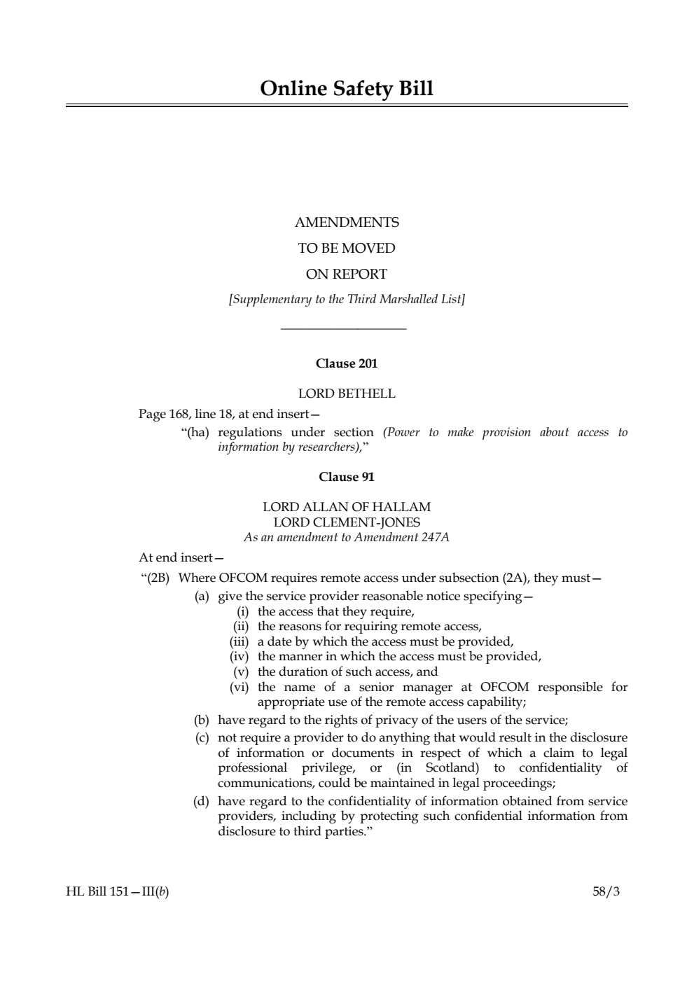 Online Safety Bill Amendments to be moved on Report [Supplementary to the Third Marshalled List]
