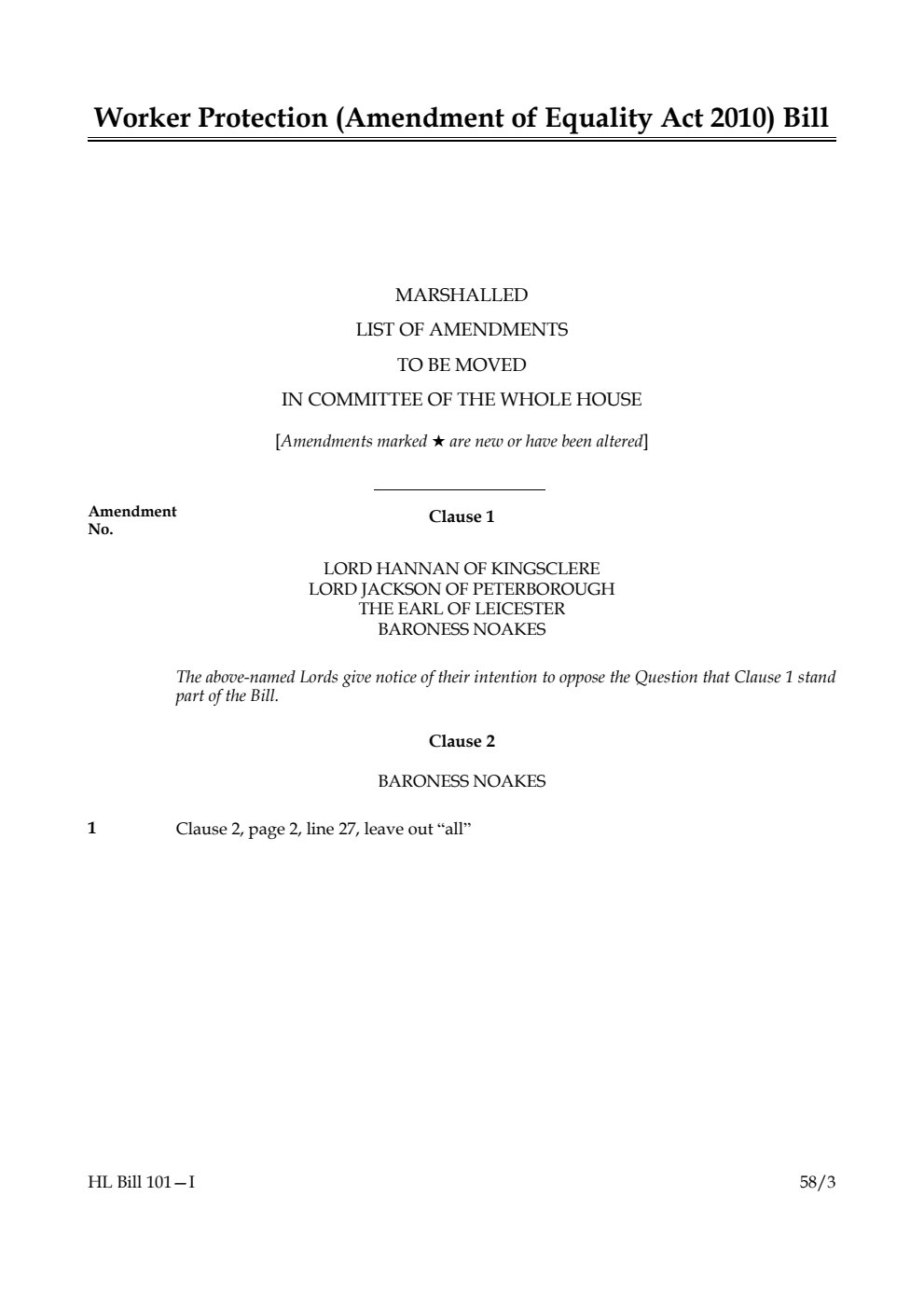 Worker Protection (Amendment of Equality Act 2010) Bill Marshalled List of Amendments to be moved in Committee of the Whole House