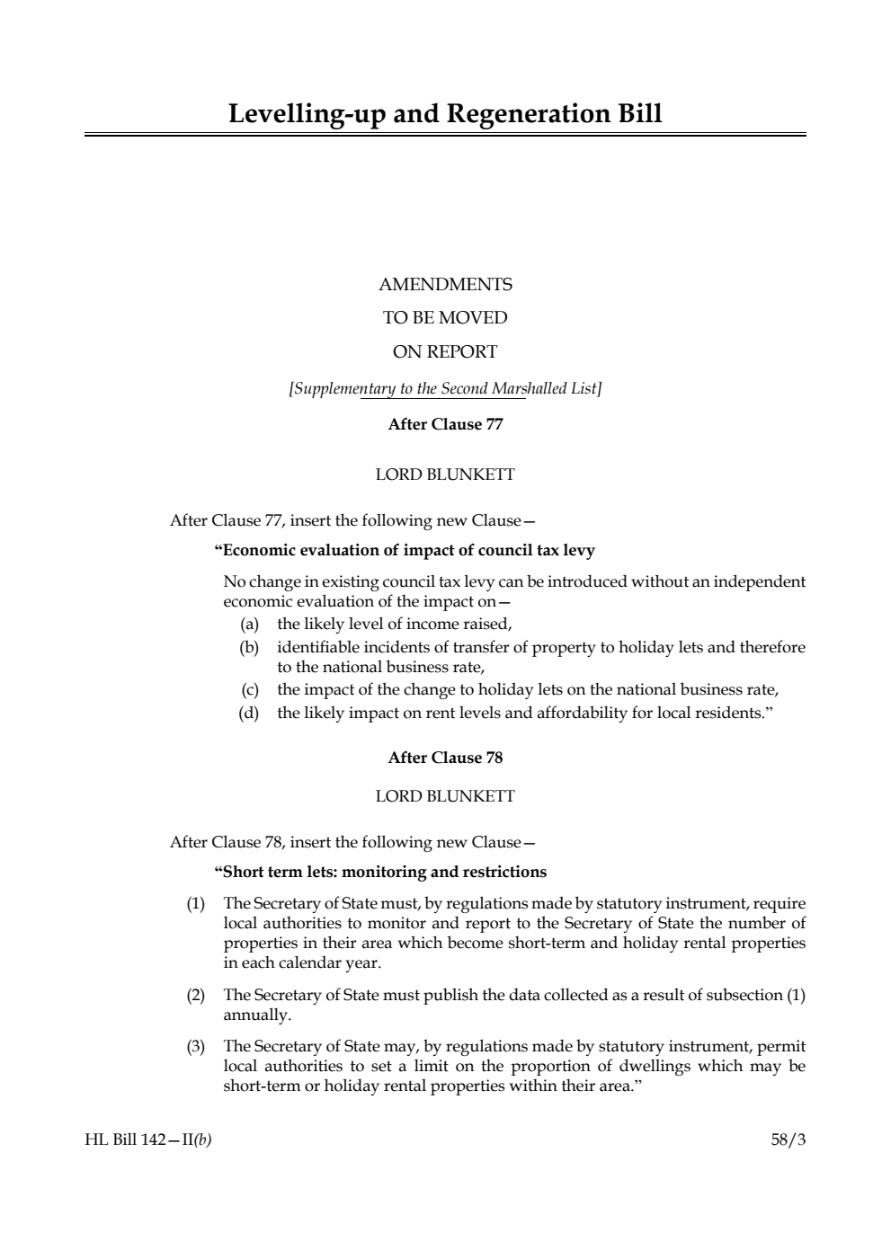 Levelling-up and Regeneration Bill Amendments to be moved on Report [Supplementary to the Second Marshalled List]