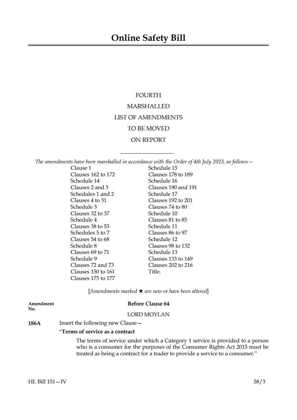 Online Safety Bill Fourth Marshalled List of Amendments to be moved on report