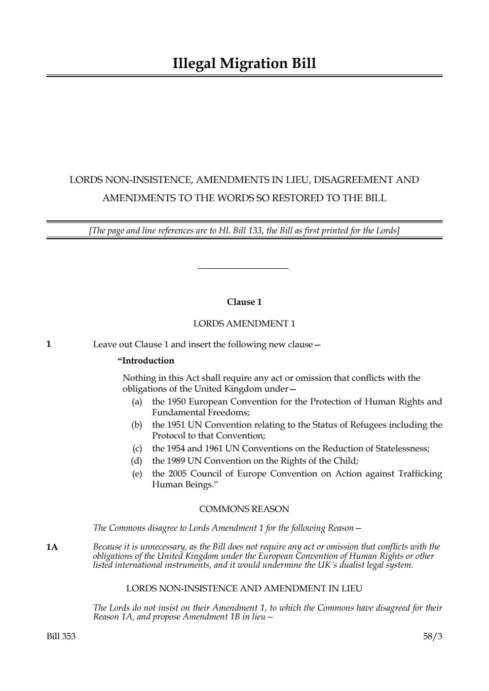 Illegal Migration Bill Lords non-insistence, amendments in lieu, disagreement and amendments to the words so restored to the Bill