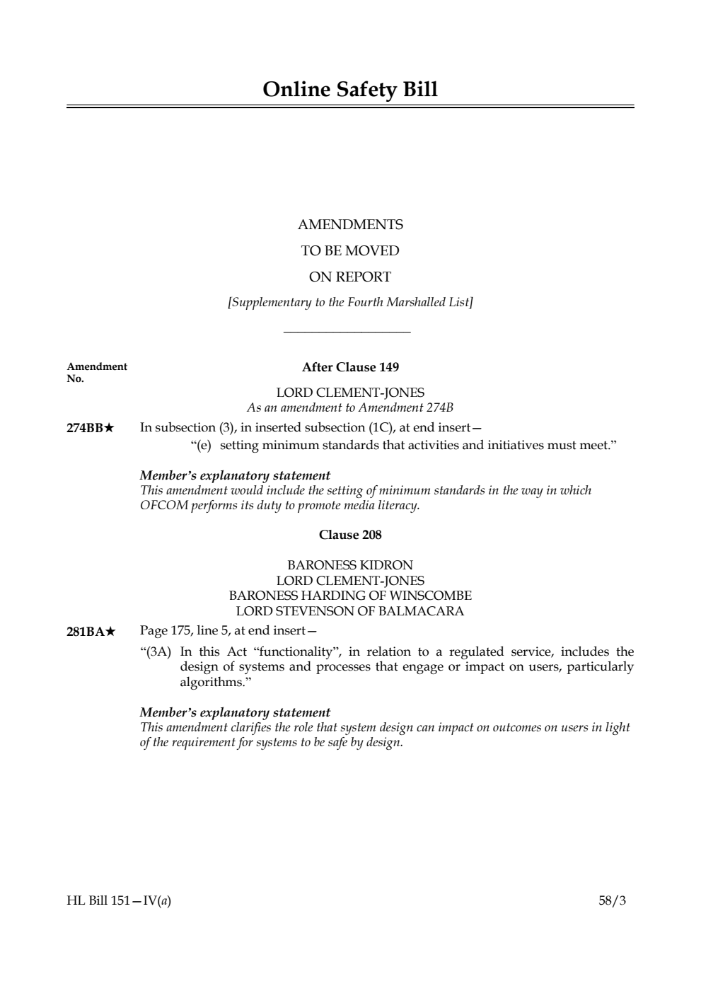 Online Safety Bill Amendments to be moved on Report [Supplementary to the Fourth Marshalled List]