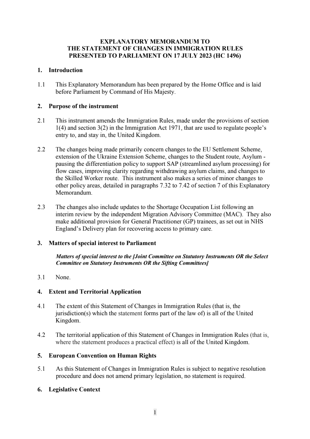 Explanatory Memorandum to the Statement of Changes in Immigration Rules