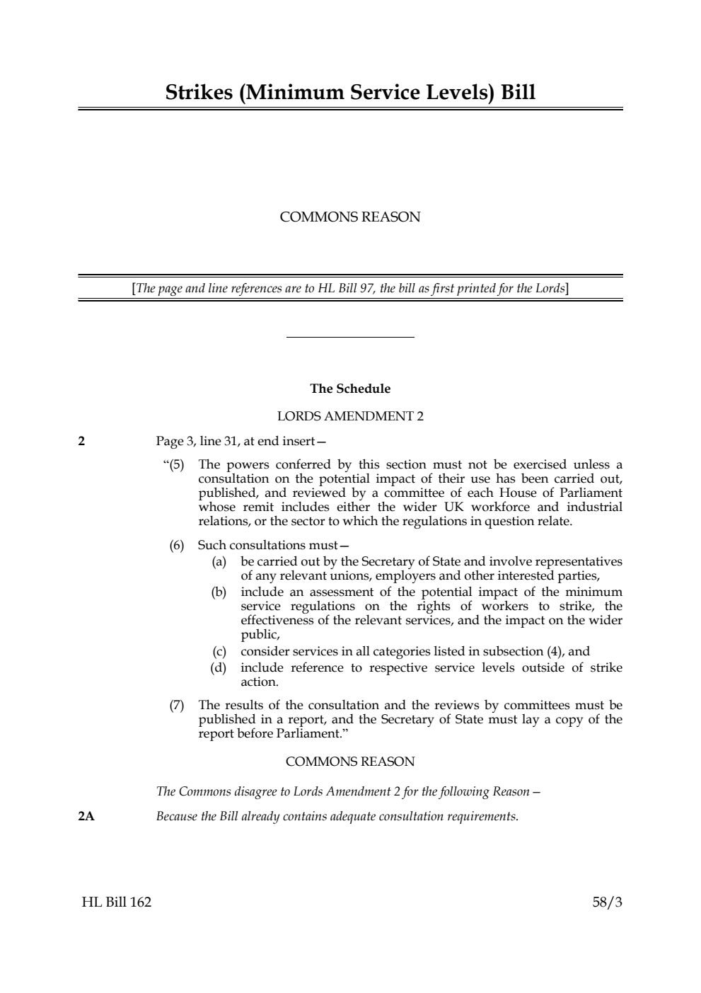 Strikes (Minimum Service Levels) Bill Commons reasons