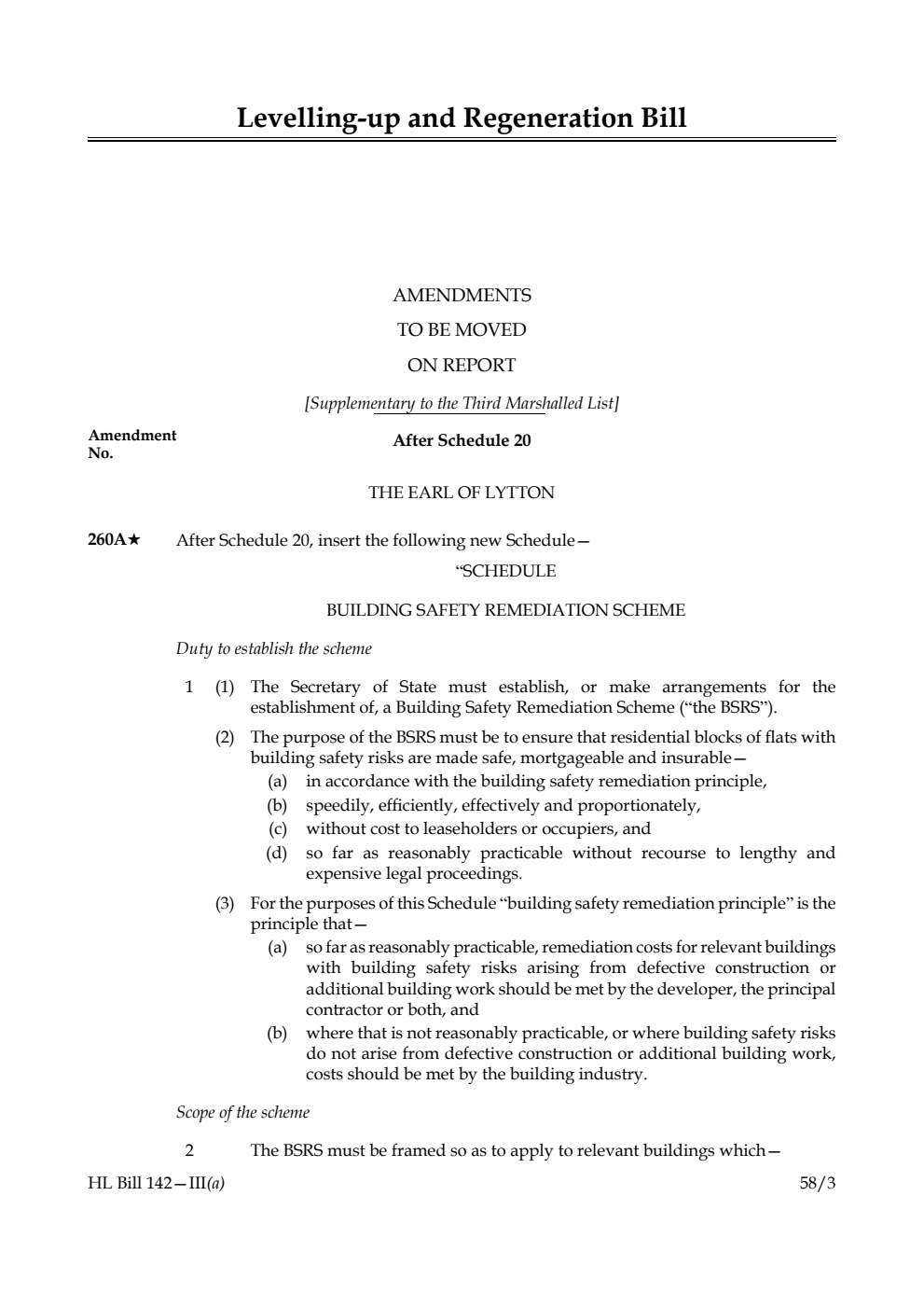 Levelling-up and Regeneration Bill Amendments to be moved on Report [Supplementary to the Third Marshalled List]