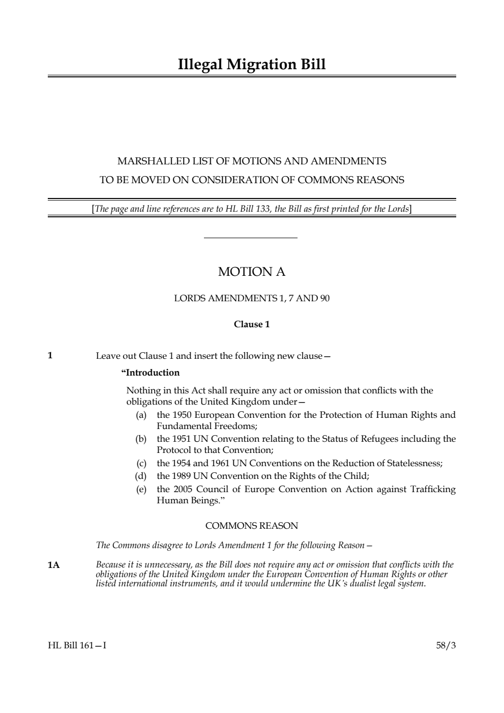 Illegal Migration Bill Marshalled list of motions and amendments to be moved on Consideration of Commons reasons
