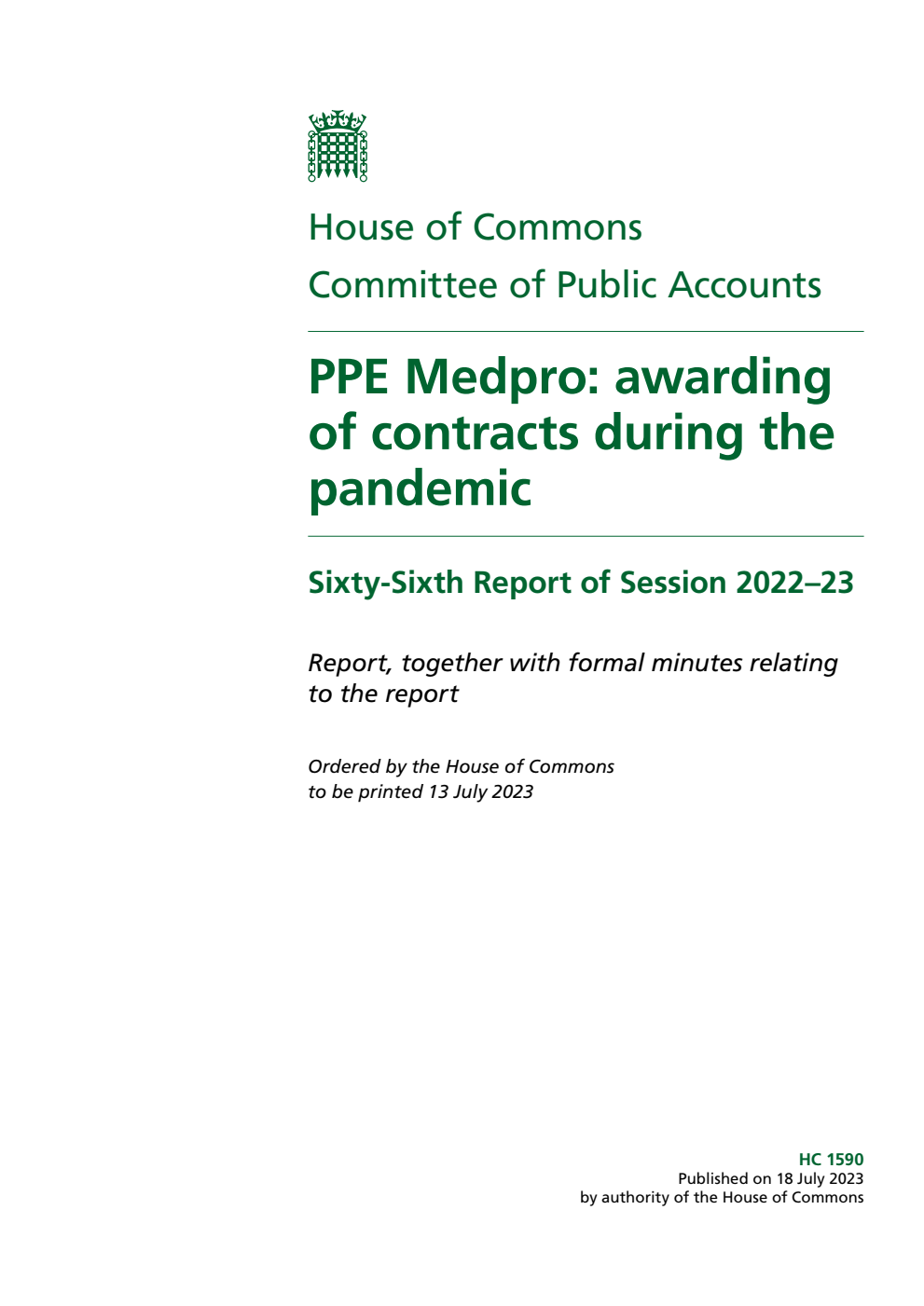 Public Accounts Committee 66th Report. PPE Medpro: awarding of contracts during the pandemic
