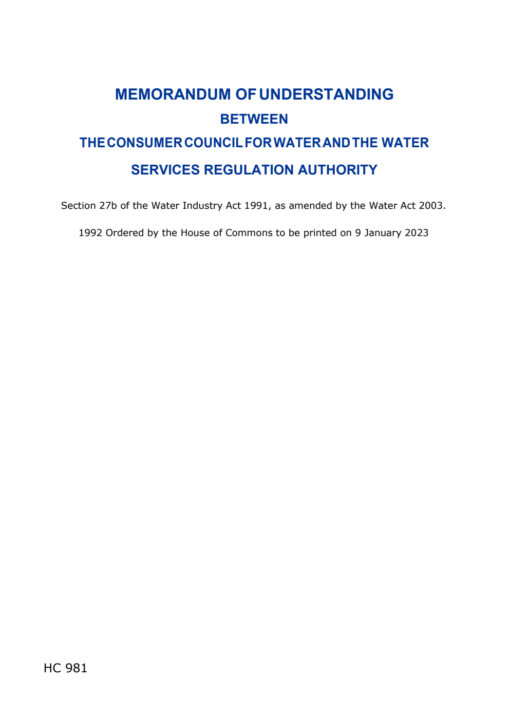 Memorandum of Understanding between the Consumer Council for Water and the Water Services Regulation Authority