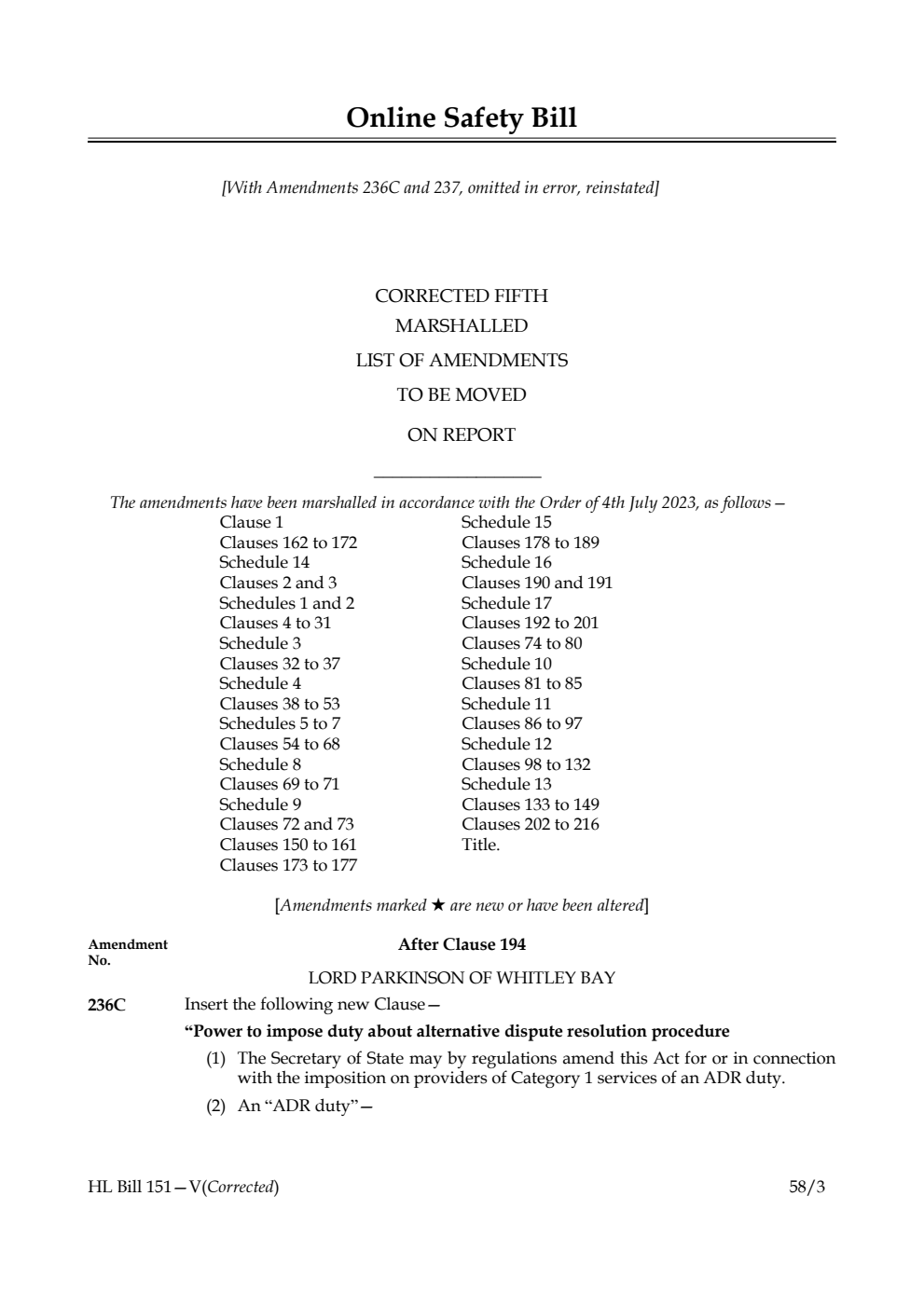 Online Safety Bill Corrected Fifth Marshalled List of Amendments to be moved on report