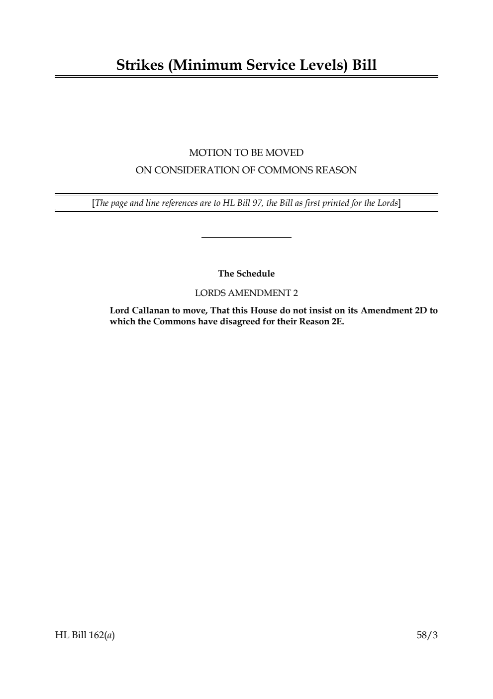 Strikes (Minimum Service Levels) Bill Motion to be moved on consideration of Commons Reason