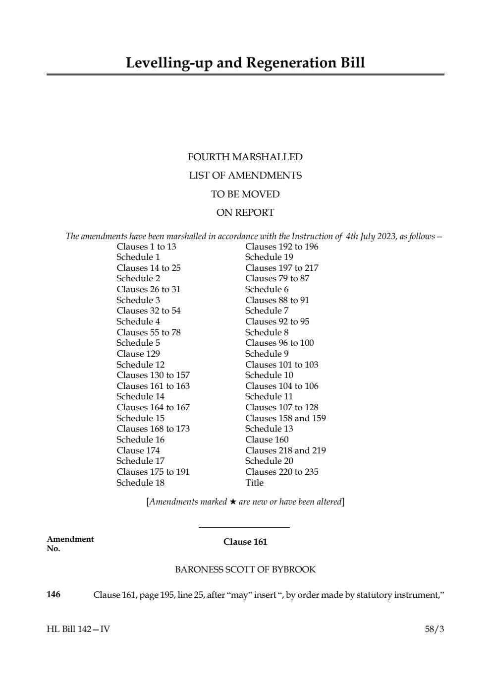 Levelling-up and Regeneration Bill Fourth Marshalled List of Amendments to be moved on report