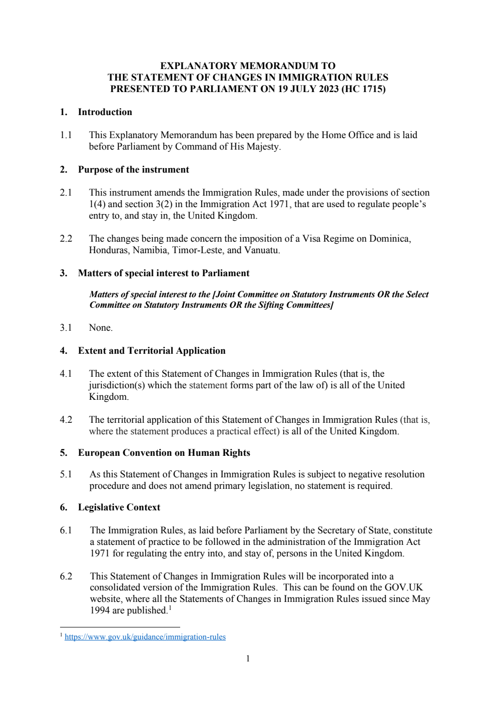 Explanatory Memorandum to the Statement of Changes in Immigration Rules