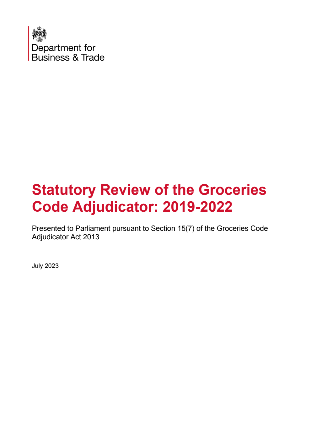 Statutory Review of the Groceries Code Adjudicator: 2019-2022