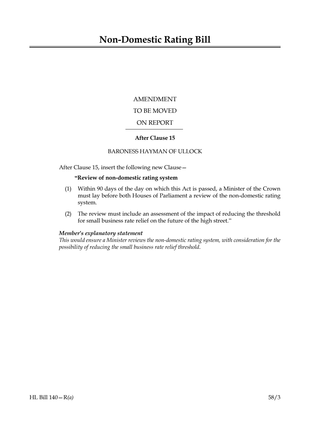 Non-Domestic Rating Bill Amendment to be moved on Report