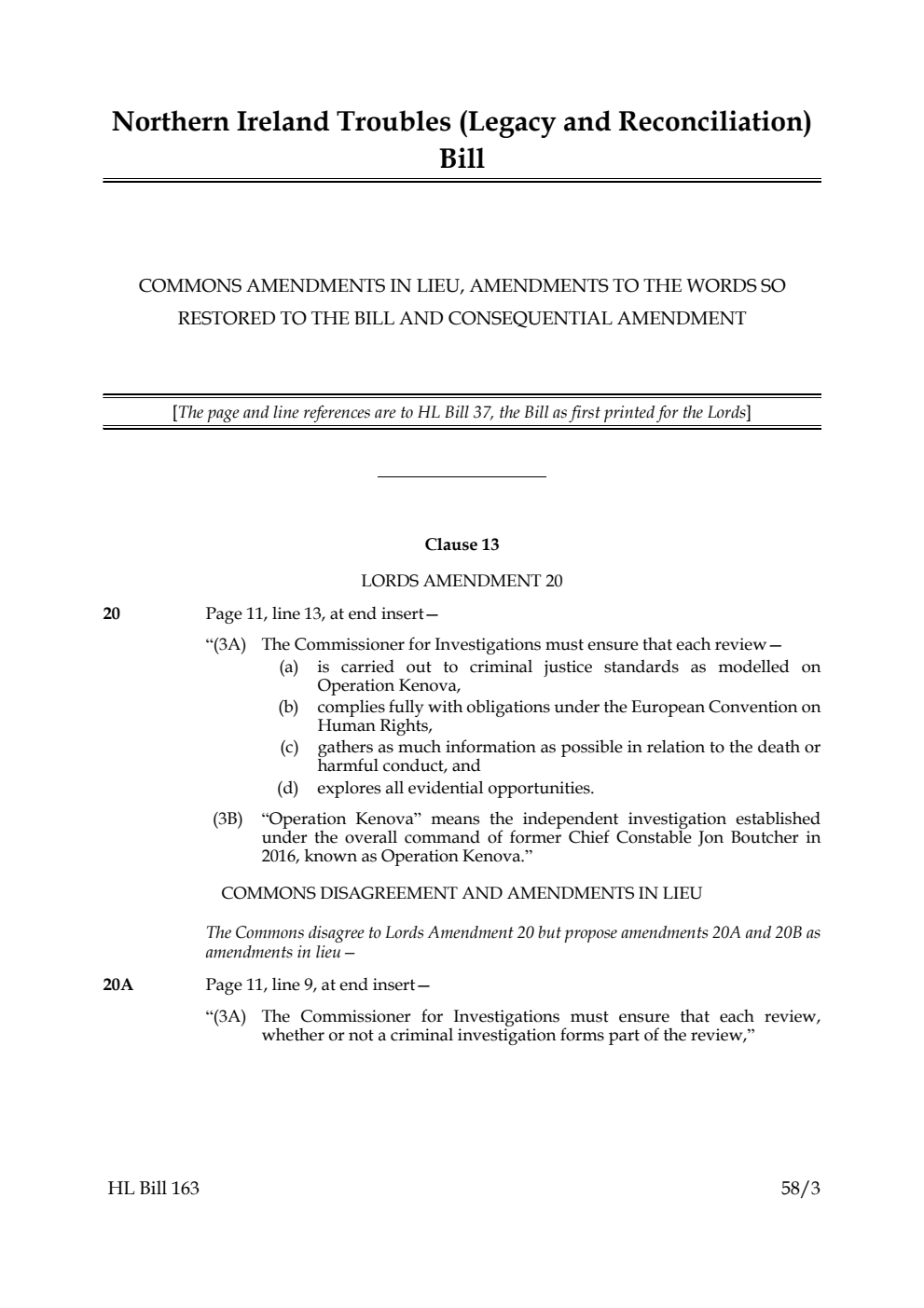 Northern Ireland Troubles (Legacy and Reconciliation) Bill Commons amendments in lieu, amendments to the words so restored to the Bill and consequential amendments