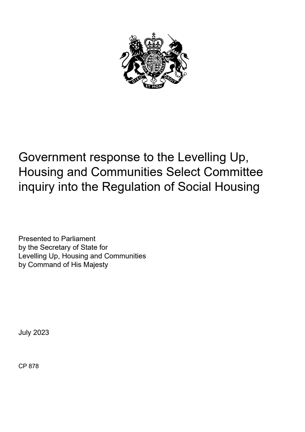 Government response to the Levelling Up, Housing and Communities Select Committee inquiry into the Regulation of Social Housing