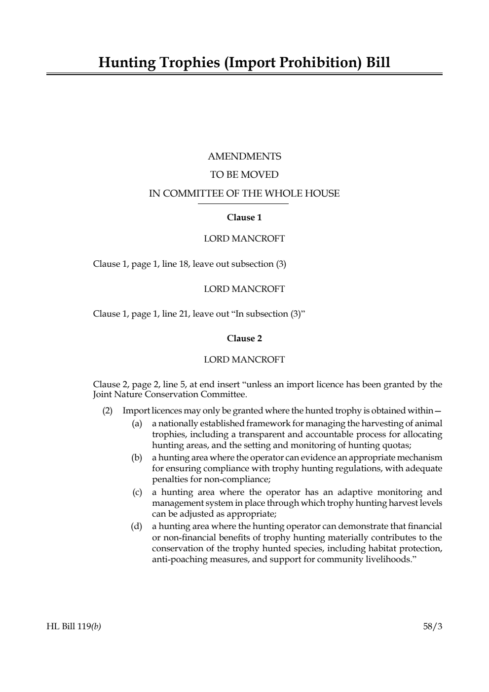Hunting Trophies (Import Prohibition) Bill Amendments to be moved in Committee of the Whole House