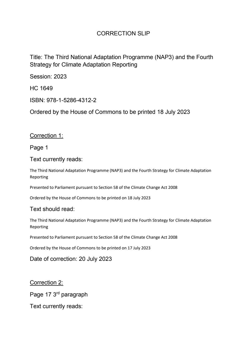 The Third National Adaptation Programme (NAP3) and the Fourth Strategy for Climate Adaptation Reporting. Correction Slip, July 2023