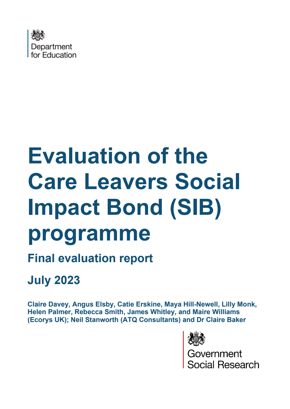 DFE-RR1365 Evaluation of the Care Leavers Social Impact Bond (SIB) programme. Final evaluation report. July 2023