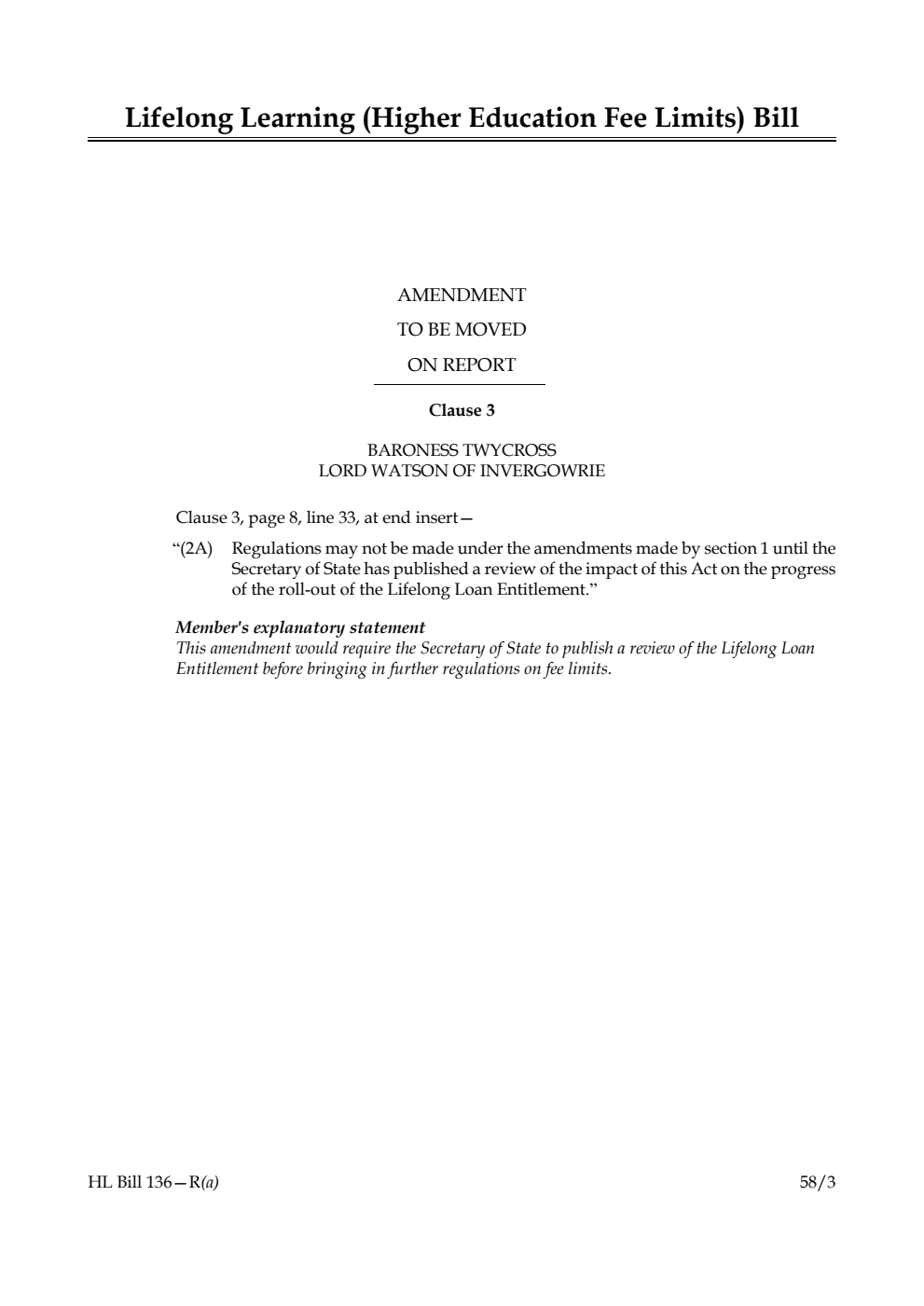 Lifelong Learning (Higher Education Fee Limits) Bill Amendment to be moved on Report