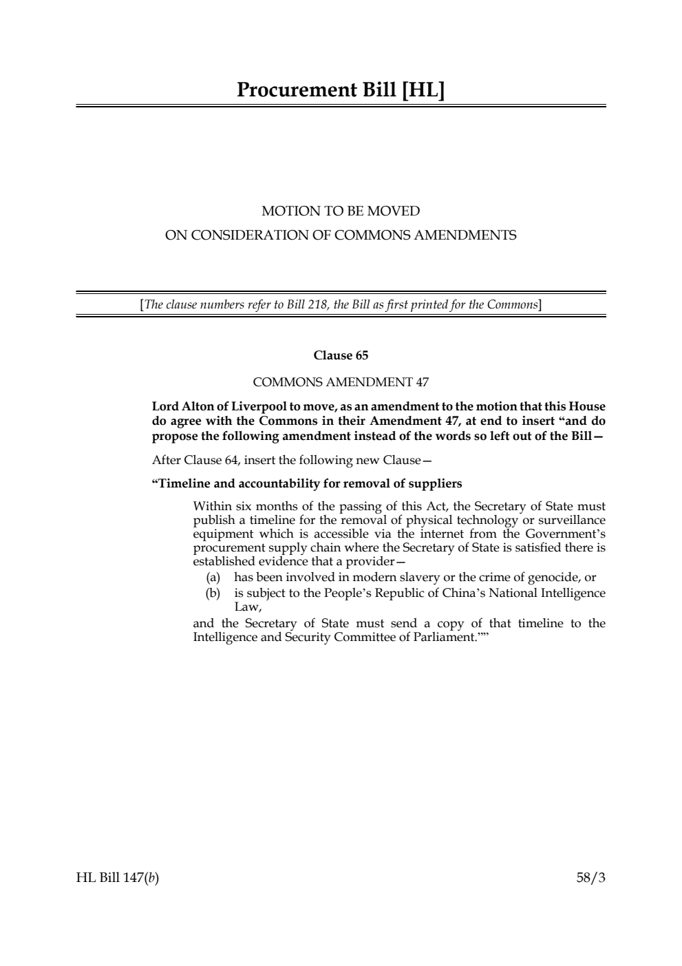 Procurement Bill Motion to be moved on Consideration of Commons amendments