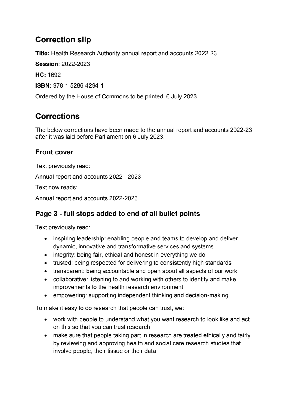 Health Research Authority Annual Report and Accounts 2022-2023 for the period 1 April 2022 to 31 March 2023. Correction slip, July 2023