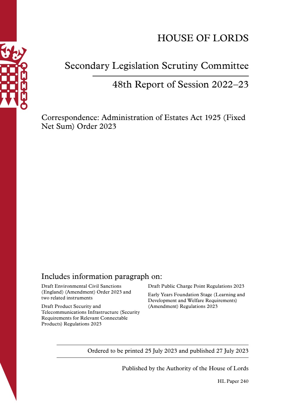 Secondary Legislation Scrutiny Committee 48th Report. Correspondence: Administration of Estates Act 1925 (Fixed Net Sum) Order 2023