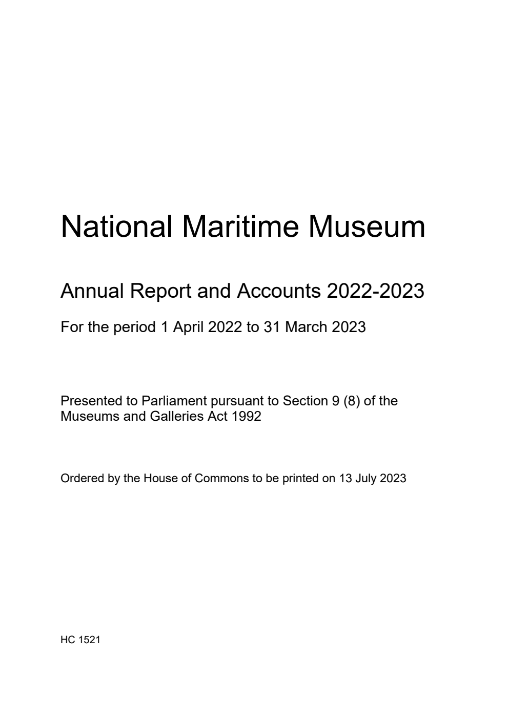 National Maritime Museum Annual Report and Accounts 2022-2023 for the period 1 April 2022 to 31 March 2023