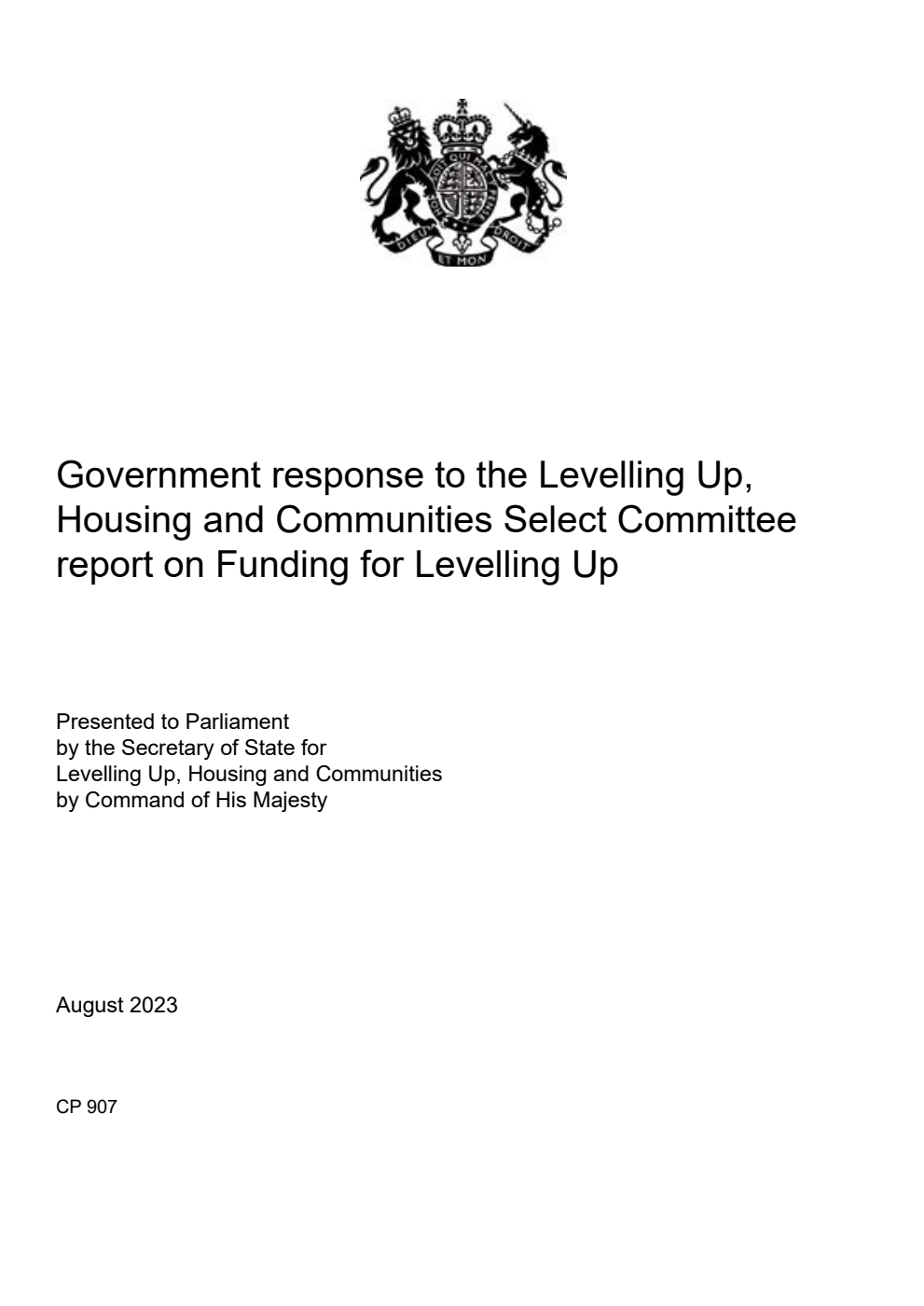 Government response to the Levelling Up, Housing and Communities Select Committee report on Funding for Levelling Up.  August 2023