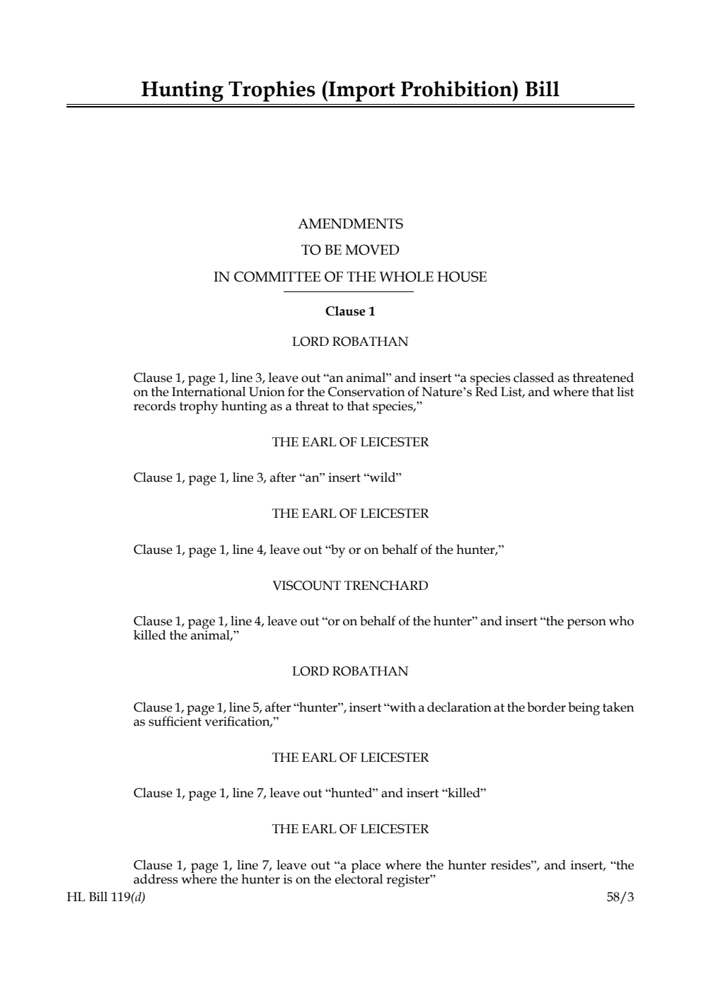 Hunting Trophies (Import Prohibition) Bill Amendments to be moved in Committee of the Whole House