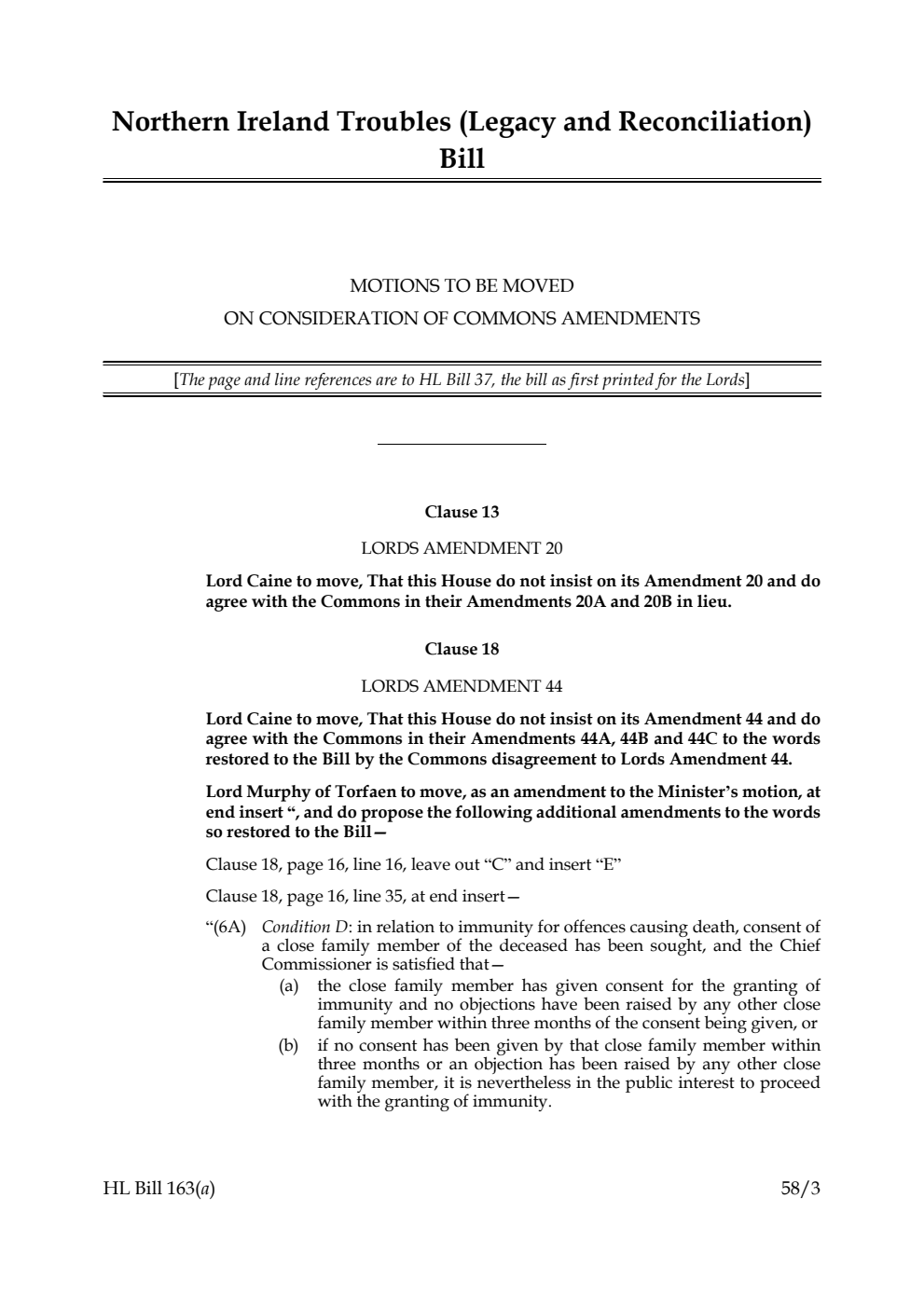 Northern Ireland Troubles (Legacy and Reconciliation) Bill Motions to be moved on consideration of Commons amendments
